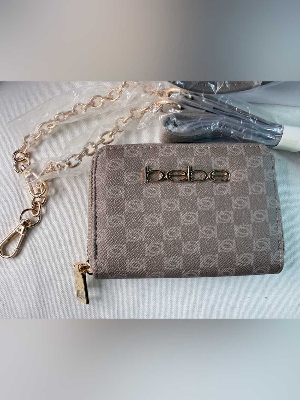 bebe Taupe Logo Satchel with Matching Wallet and keychain - Picture 7 of 15